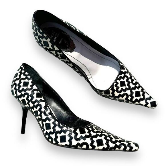 Rene Caovilla Black White Pattern Patent Leather Pointed Toe Heels Women’s Sz 38 - Picture 1 of 8